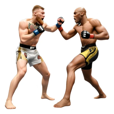 An MMA showdown between Conor McGregor and Anderson Silva in the octagon. McGregor is executing a jumping strike, while Silva skillfully deflects the attack. The background shows the UFC octagon with roaring fans and vibrant energy. Transparent background. sticker