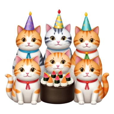 exactly six individual cats in a row celebrating one cat's birthday, each cat clearly visible and holding a piece of sushi, birthday cake in center, all six cats with party hats sticker