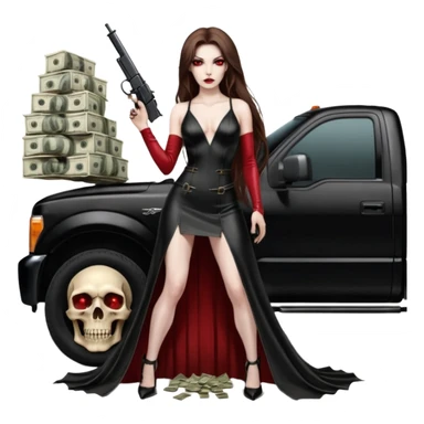 Lilith symbol red eye seductress evil long brown haired sexy succubus woman with leather long dress with slit, sitting in Big Large F350 pickup truck. Black Platform high heels on feet. Back of truck full of stacks of cash, and a man human skull with a gun in other hand sticker