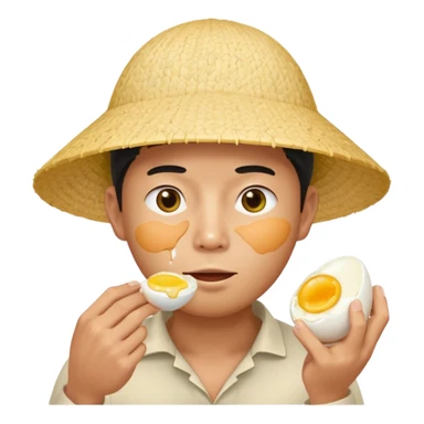 Asian guy with a rice hat eating an egg sticker