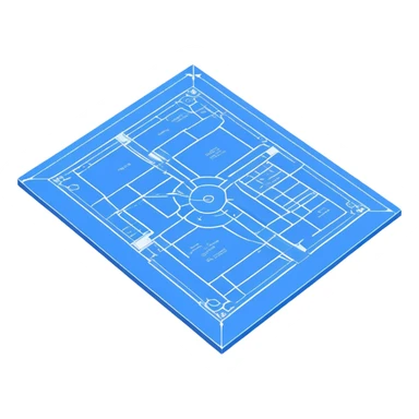 blue blueprint plan with white lines, isometric angle showing both side and top sticker