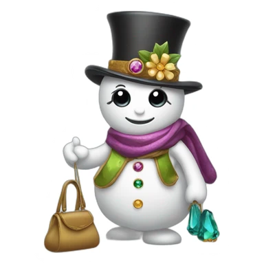 snow woman with designer top hat eyes and buttons are made of precious gems holding a purse in stick arms with a back pack on sticker