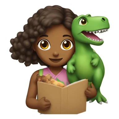 Brown girl holding green plush dino sticker