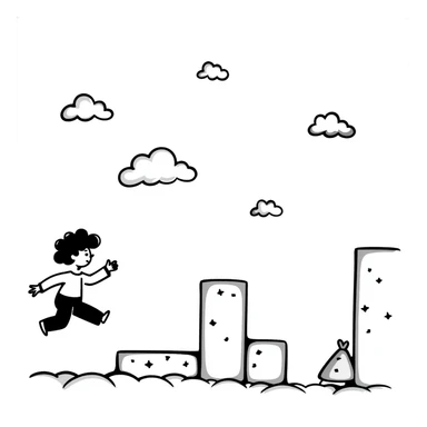 pixel art of a retro side-scrolling video game scene with blocks, platforms, clouds and a character jumping, 8-bit Game Boy style sticker