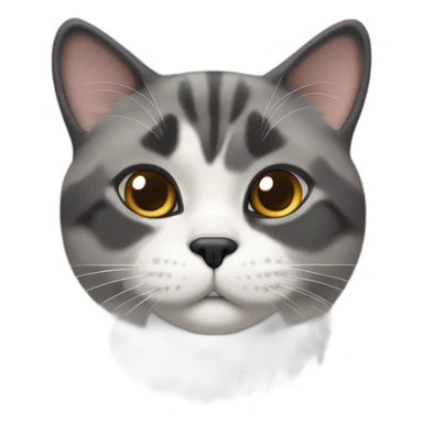 senior chubby diluted calico cat, grey bottom-chin, black nose, grey ears, grey and white sticker