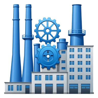 "A minimalist vector icon of a modern manufacturing factory building with a gear symbol above it. Blue and grey color scheme, flat design, white background, simple thick lines, professional business logo style." sticker