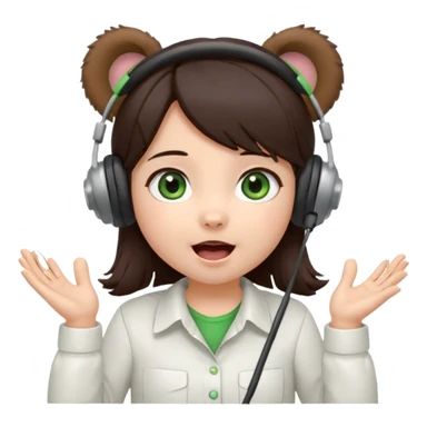 Chibi girl, dark brown hair, green eyes, wearing a white shirt and small brown bear ears on a headset, with wide happy surprised eyes and mouth and clapping excitedly sticker
