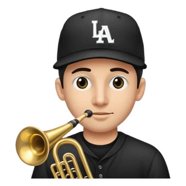 Un señor tocando el trombón (viendo hacia arriba, con los ojos cerrados), que tenga una gorra de béisbol negra de LOS ANGELES (LA), vestido todo de negro sticker