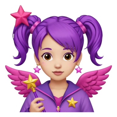 Create an emoji of a fairy-like woman with purple hair tied into two pigtails, red stars in her hair, wearing a pink outfit and pink wings. She is holding a pink star-shaped wand and wearing purple circular earrings. sticker