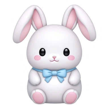 A fat bunny in authentic Sanrio style exactly like Hello Kitty and My Melody, super simplified features, extremely kawaii, tiny body with oversized head, minimal dot eyes, no nose, tiny simple mouth, pastel pink and baby blue colors, clean bold black outlines sticker