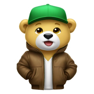 Yellow bear cub with white muzzle and Green baseball cap and wearing brown bomber jacket with Fur hood. sticker