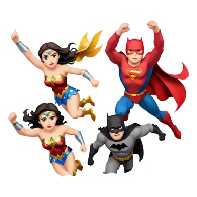 Justice League dynamic action scene with Flash, Wonder Woman, Superman, Aquaman, and Batman in emoji style sticker