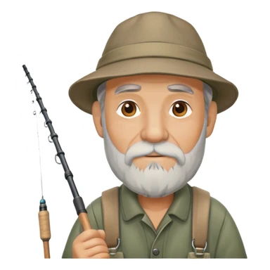 old fisherman with gray beard, fishing rod and hat sticker