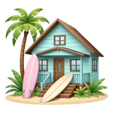 Hawaiian bungalow house, pastel colors, wooden porch, surfboard leaning on wall, palm leaves, tropical vibe, cute mobile game icon style, 3D cartoon, clean background, no text
 sticker