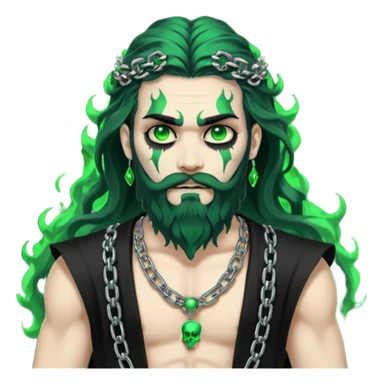 hades greek god with green flames and beard with chains on his arms and neck, Long wavy hair. He has some skull accessories Dynamic pose sticker