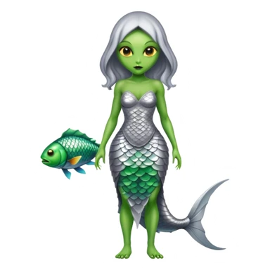 Green Alien woman with fish scales in silver dress, full figure, yellow eyes sticker