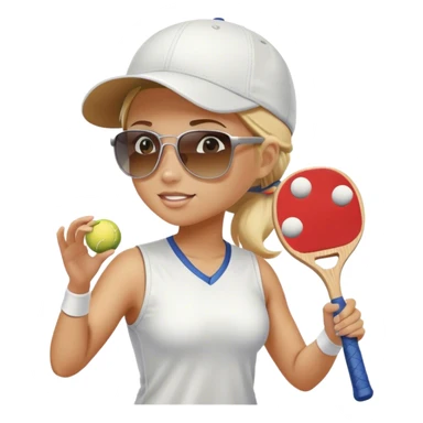 Girl with blond hair in a ponytail wearing a white baseball cap and sunglasses playing pickleball sticker