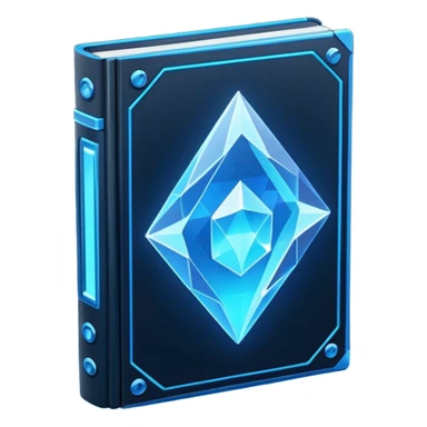Futuristic holographic data book icon, dark sci-fi interface style, crystal neon blue light, sharp geometry, high tech game UI icon, minimalistic, cyber space theme, volumetric glow, centered, transparent background, no cartoon, no cute, no emoji face, 100x100 px sticker
