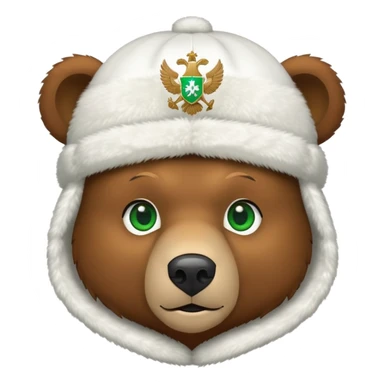Minimalist cute brown bear head with green eyes, wearing white ushanka hat with simplified Russian double-headed eagle coat of arms, iOS emoji style sticker