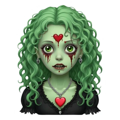 a green zombie girl with a scar on her face, long curly hair, wearing a black blouse and a silver necklace with a heart pendant. sticker