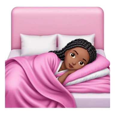 A dark-skinned Black woman with black box braids, lying on her side in bed, wrapped in a blanket, resting on a pink pillow sticker