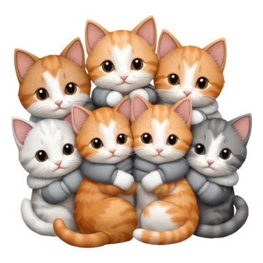 6 tiny kittens cuddling together all various different natural colours including solid grey with white mittens, grey and white, ginger and white, calico, and brown and white sticker