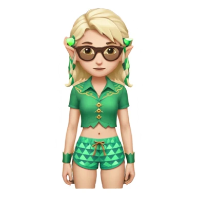 elf female legolas portrait, patterned board shorts (geometric/abstract), unique wooden-framed sunglasses, undercut hairstyle, slight smirk, visible pointy ears, no background, centered emoji, hipster summer vibe sticker