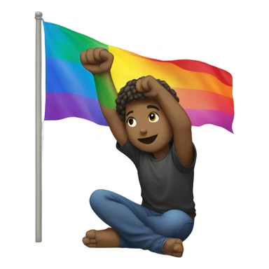 Person holding fist up kneeling on ground rainbow flag behind sticker