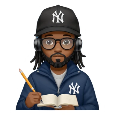 African American man with shoulder length black dreadlocks with black beard wearing black sunglasses wearing a black New York Yankees logo baseball cap wearing a black bubble winter coat wearing headphones writing a rap song in notebook sticker