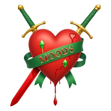 a red heart pierced by a green sword, with the golden text 'MODS' on a white ribbon sticker