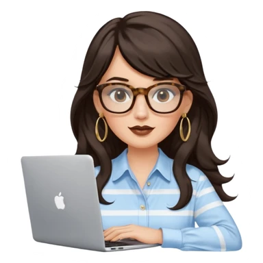A white woman with long wavy dark brown hair and a whispy bang, wearing thick tortoise SQUARE glasses, gold drop earrings. She has long lashes and a nude browny glossy lipstick. She's wearing an oversize light blue shirt with white vertical strips. She's working on a laptop sticker