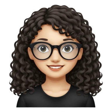 create a frontend girl that has a round face and very long curly hair with a side curtain bangs and wears black square rayban glasses doesnt smile with her teeth and white sticker