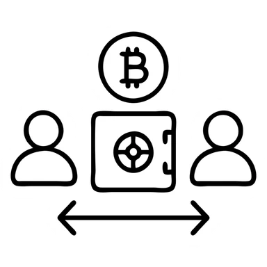 P2P cryptocurrency transaction with escrow protection, showing two user icons, crypto symbols, and a secure vault between them sticker