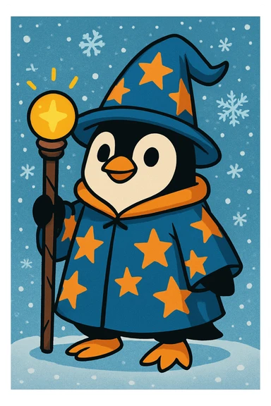 Add a snowy background to the penguin wizard scene, keeping the fun and whimsical vibrant toon style. sticker