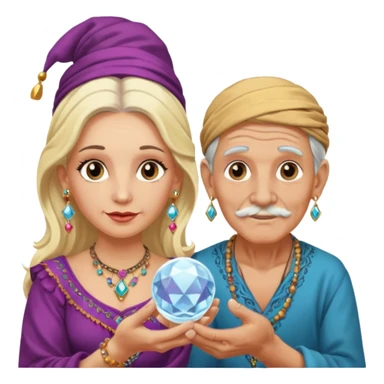 Elderly cleanshaven male gypsy with earrings and blonde female gypsy holding a crystal ball sticker