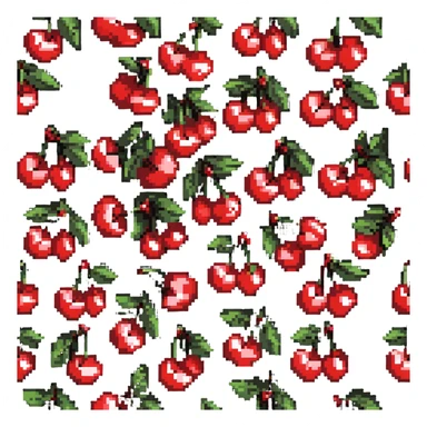 Pixel art of a small bunch of red cherries with green stems sticker