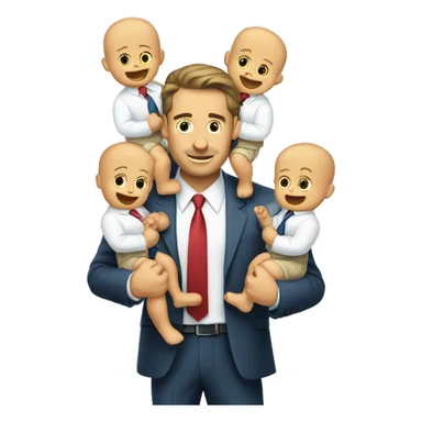 a businessman holding two babies, one in each arm. The business man has two more arms coming out of him, and with each of those he's dangling cash over the babies' heads sticker