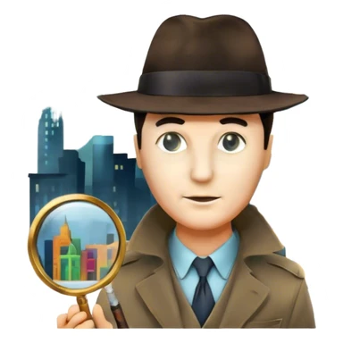 Icon for Detective Movies: A colorful collage featuring iconic detective elements—magnifying glass, a fedora hat, a cigarette, a shadowy figure, and a mysterious city backdrop. Include subtle clues like fingerprints or a crime scene. Retro movie poster style. Transparent background. sticker