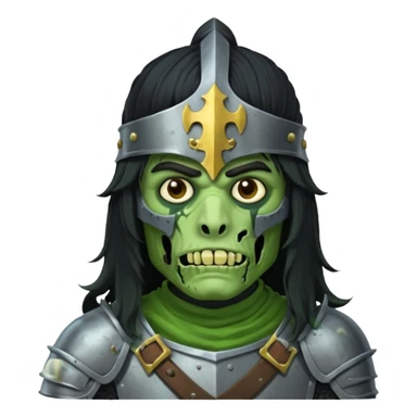 a male with long black rough hair wearing a knight helmet with green zombie skin sticker