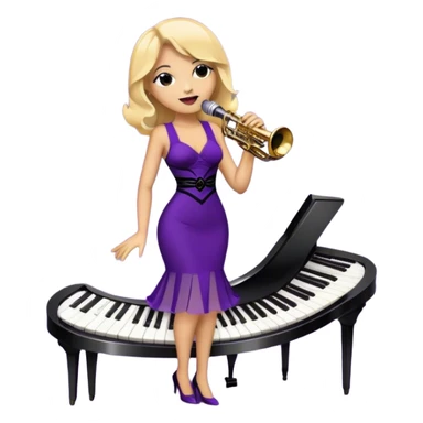 Create a vibrant and expressive emoji representing jazz vocal performance. The design should feature a vintage microphone at the center, surrounded by musical notes and soundwaves flowing outward, symbolizing the vocal improvisation and fluidity of jazz. Include key instruments often associated with jazz vocals, such as a jazz piano (stylized black keys) in the background and a saxophone or trumpet, giving it a true jazz vibe. Add soft lighting effects to evoke the intimate, atmospheric feel of a jazz club. Use rich colors like gold, black, deep purple, and red to reflect the soulful, smooth nature of jazz. The background should be transparent. sticker