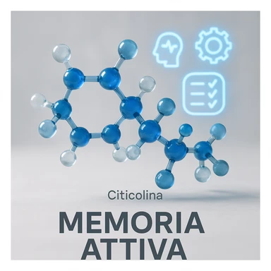Citicolina che stimola la memoria, iper realistico, molecola blu che attiva simboli di memoria, scritta 'Memoria attiva', atmosfera clinica, sfondo chiaro sticker