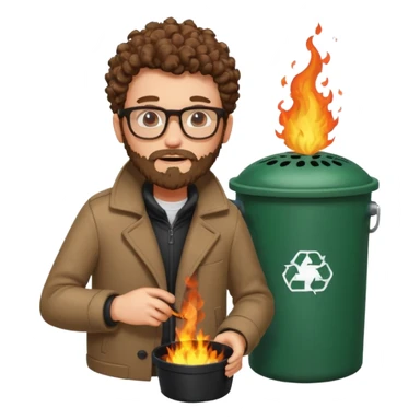 curly skinny guy with bear and glasses, heating in front of a trash bin on fire  sticker