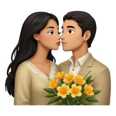 Kissing Couple traveling in Montenegro russian man and elegant  Latina girl delicate flowers and mountains in the background  sticker