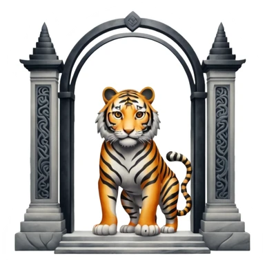 Traditional Chinese ink painting style emoji. A powerful tiger (like the ancient character 虎), standing guard in front of mystical gates (門). Energy swirls around him like a vortex (🌀). Minimalist, transparent background, 512x512 pixels. sticker