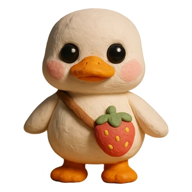 cute white duck with a strawberry-shaped shoulder bag, 3D claymation style, pastel colors, big shiny eyes, soft lighting, chibi look sticker