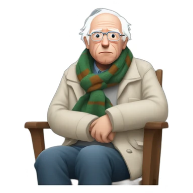 Bernie sanders sitting on chair having cold wearing a scarf sticker