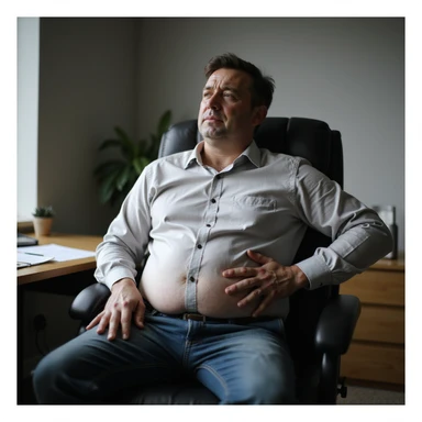 realistic hyper-detailed 4K image of a man with a bloated abdomen sitting on an office chair, expression of discomfort, one hand on abdomen, wearing work clothes, realistic atmosphere sticker
