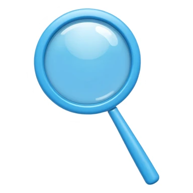A cute 3D emoji-style blue magnifying glass, glossy plastic material, soft rounded shape, vibrant blue color, smooth reflections, minimal details, centered composition, isolated on a clean background, emoji style, high quality 3D render sticker