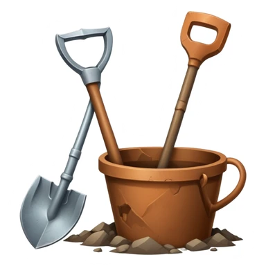 An icon featuring a shovel, pickaxe, and an ancient artifact like a broken pot, symbolizing the essentials of archaeology. The design focuses on the tools of excavation and discovery, recognizable look. Transparent background. sticker