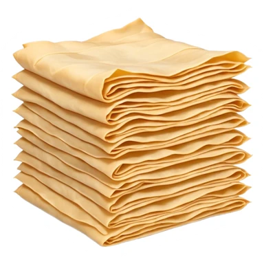 stack of ultra-thin rectangular phyllo dough sheets with wavy edges, soft beige color, top sheet lifted showing delicate translucent texture, dry smooth surface with creases, no packaging or filling, clean 3D rendering, soft shadows, transparent background, emoji scale sticker